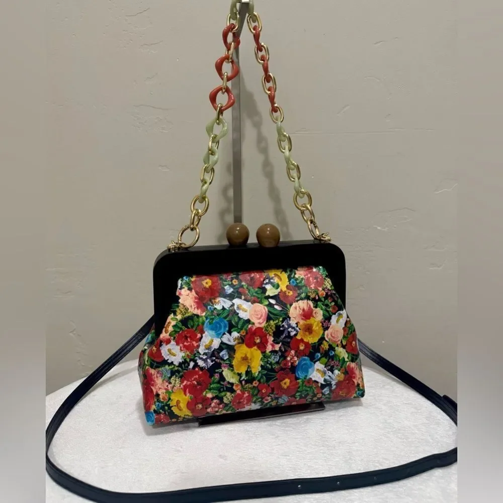 Floral Print Cowhide Leather Handmade Wooden Frame Clutch Bag/Crossbody